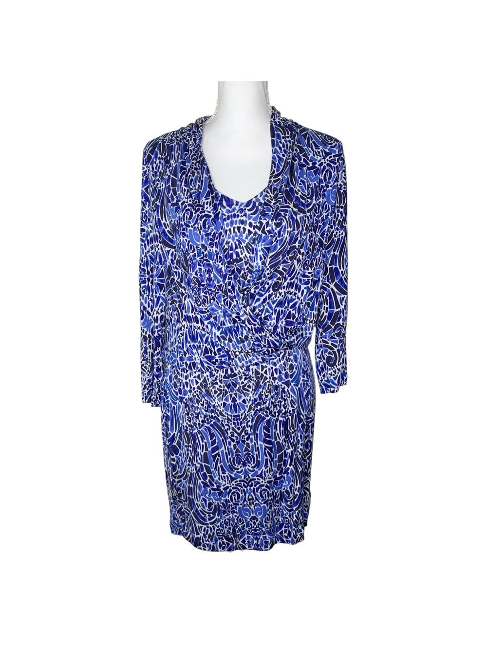 Lilly Pulitzer Silk Blue White Mosaic Print Faux Wrap Dress M